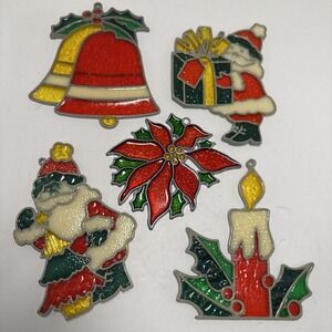 VTG Christmas Ornaments Lot 5 Faux Stained Glass Plastic Sun catchers Santa Bell